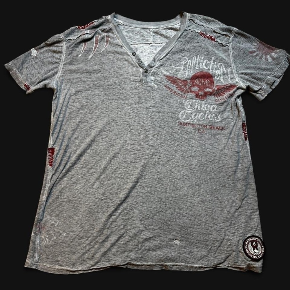 Affliction grey skull Chica Cycles biker punk grunge Henley tshirt medium READ